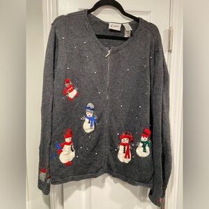VTG Curve Size 1X Gray Embellished Cotton Ramie Snowman Full Zip Cardigan
